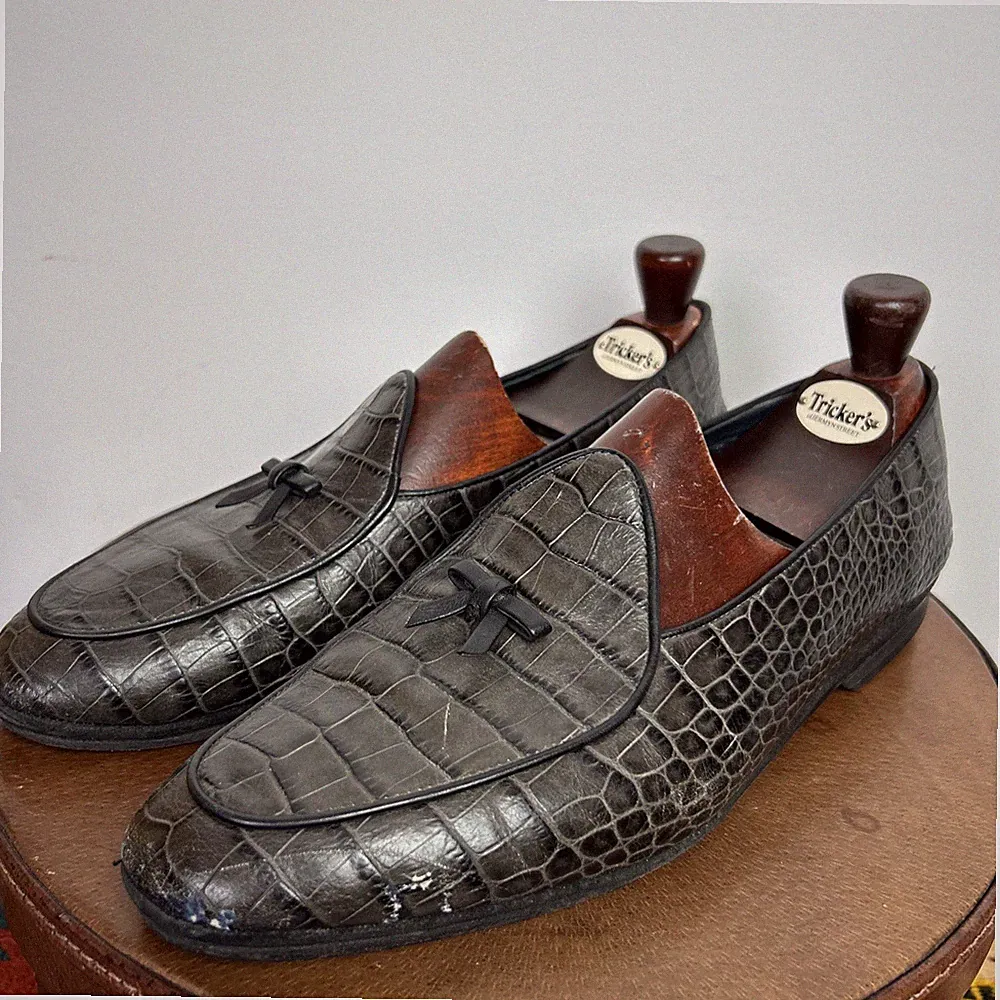 Rubinacci Marphy Crocodile Leather Tasselled Loafers UK 10 (44 EU) Grey Shoes