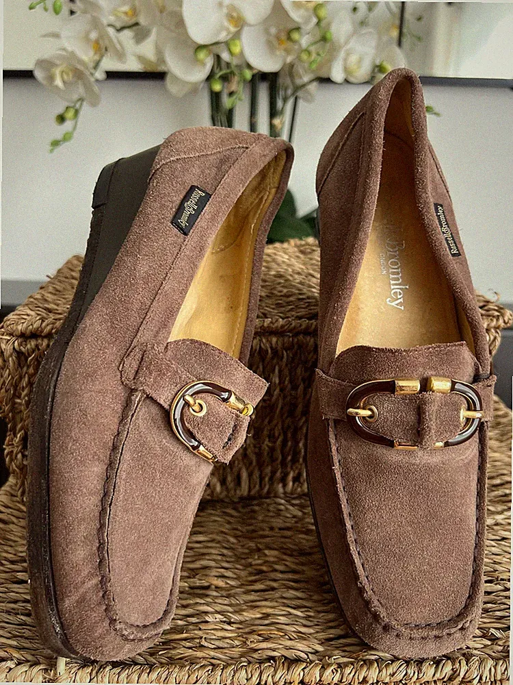 Russell & Bromley braune Wildleder Keilabsatz Halbschuhe Schildpatt Schnalle EU 38,5 UK 5,5