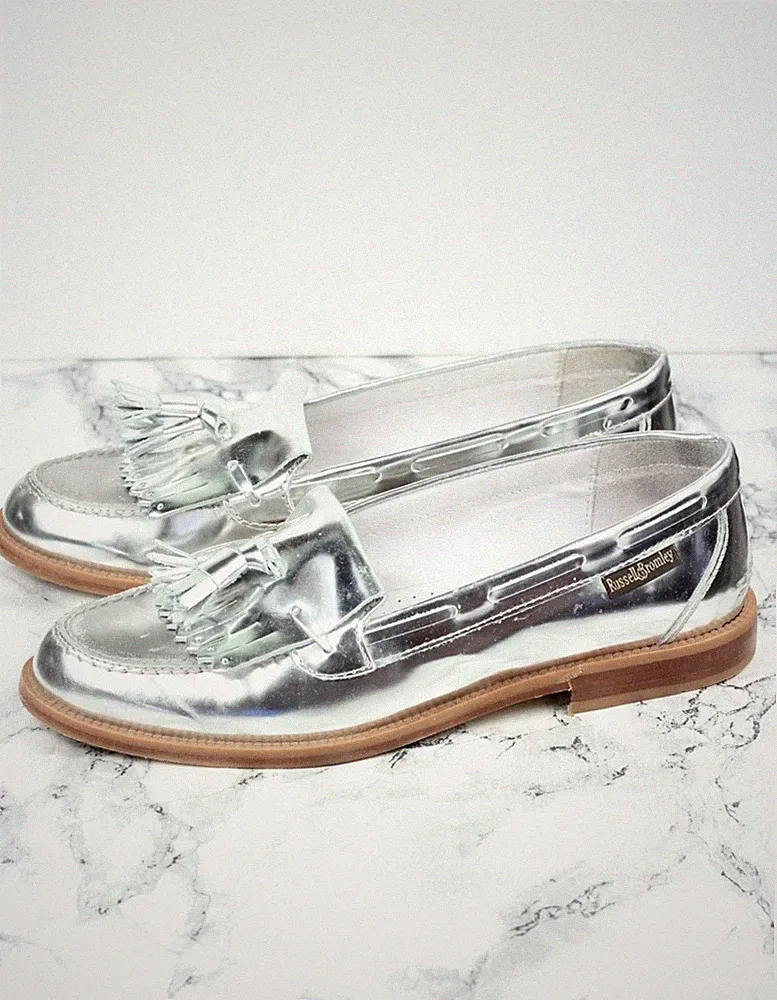 Russell & Bromley Chester Metallic Silver Halbschuhe Schuhe, Größe EU 37,5 / UK 4,5