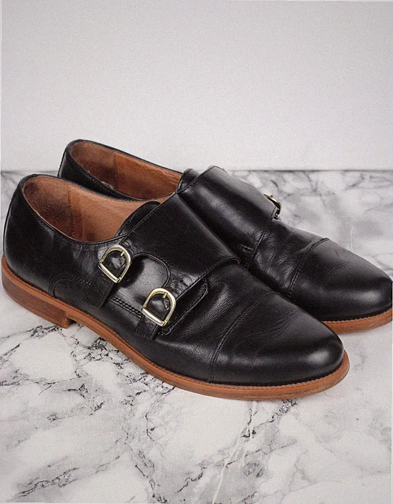Russell & Bromley Damen Schwarz Leder Mönch Schnalle Halbschuhe Größe EU 40,5 / UK 7,5