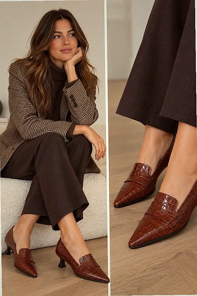 Russell & Bromley Totter Braun Krokoleder Halbschuhe Kitten Heel Schuhe EU 39 NEU