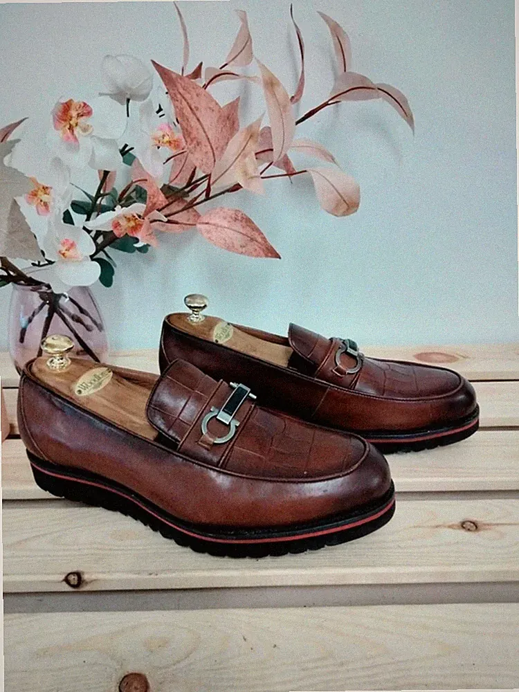 Salvatore Ferragamo braune Mokassins Krokoleder Slipper elegante formelle Halbschuhe UK 9