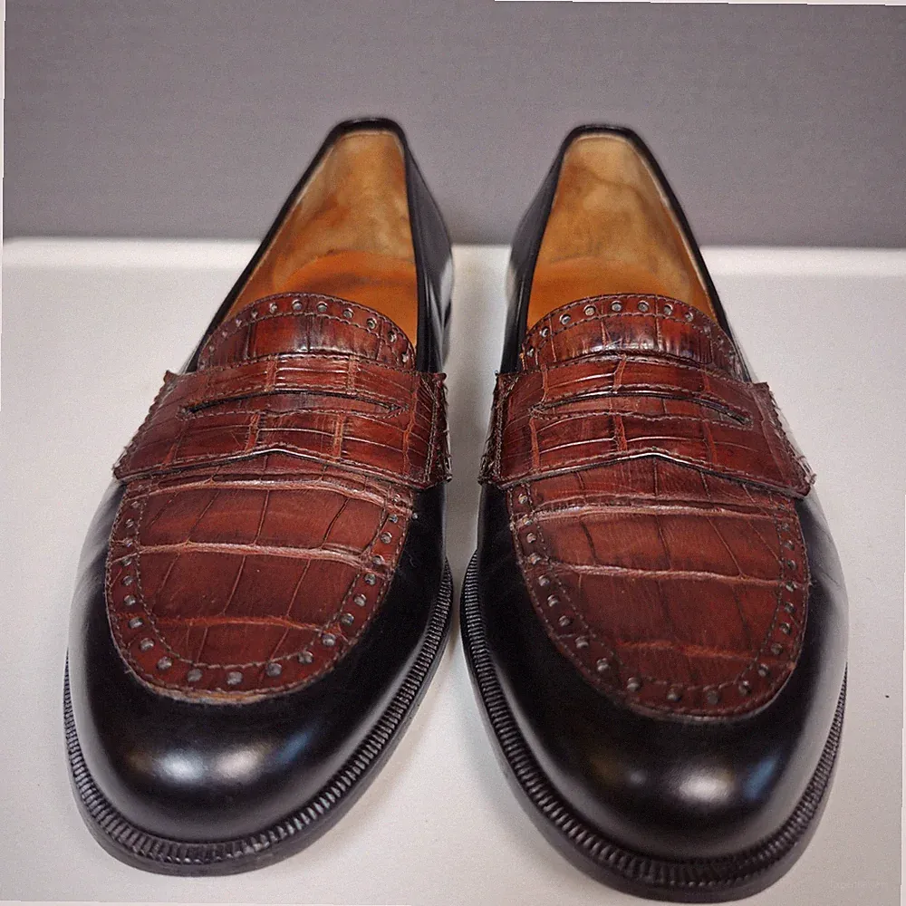 Salvatore Ferragamo Crocodile Black Brown Penny Loafers Dress Shoes Mens Sz 8.5
