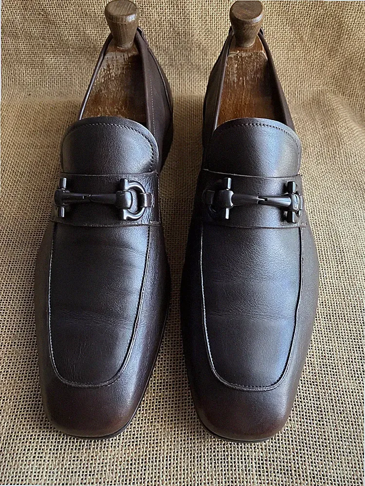 SALVATORE FERRAGAMO Herren Dunkelbraun Leder Gancini Halbschuhe Größe US 10 E...