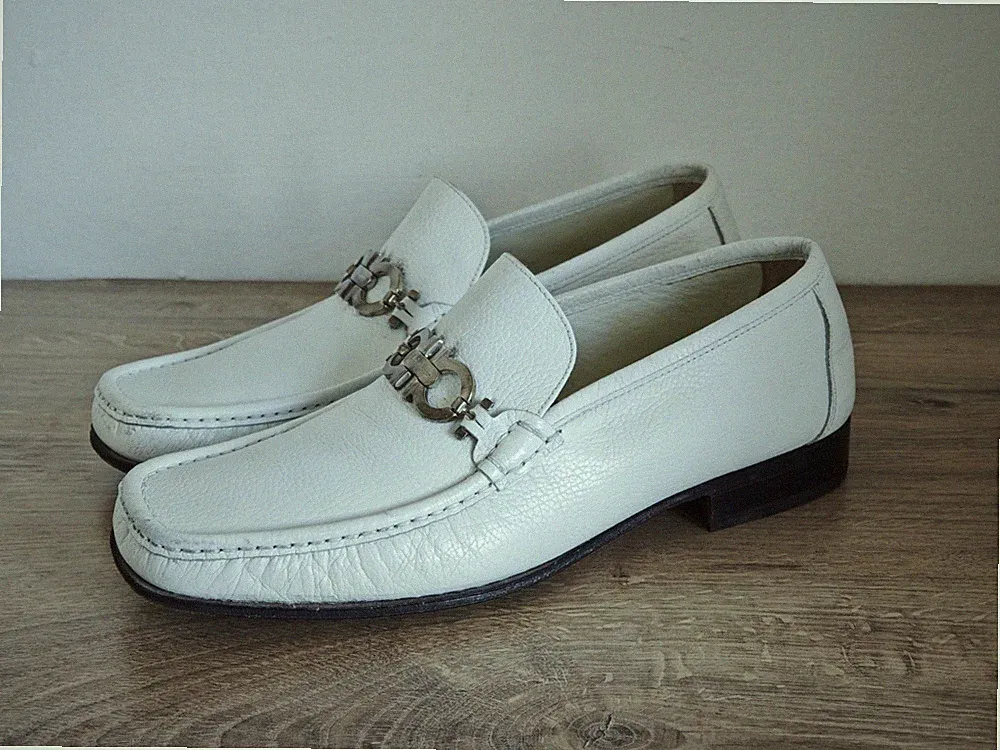 Salvatore Ferragamo Mens White Loafers w Gancini Ornament size 8 - UK 7.5 - US 9