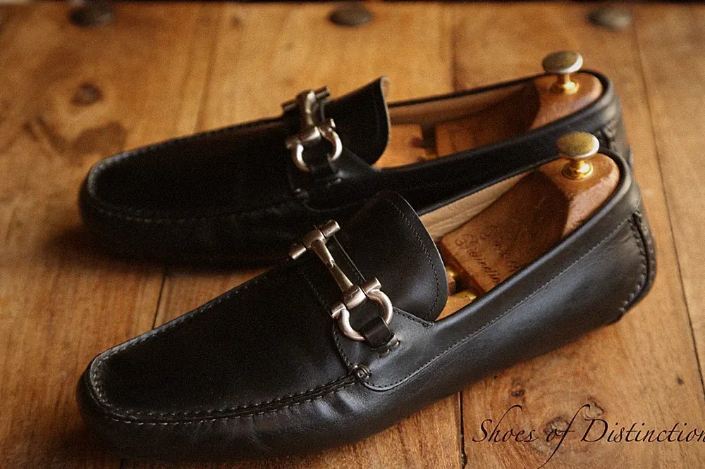 Salvatore Ferragamo schwarz Leder silber Bit Halbschuhe Schuhe Herren UK 12...