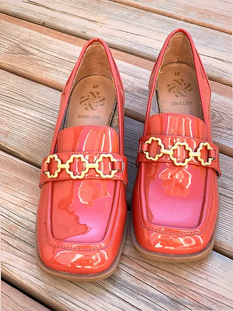 Sam & Libby Square Toe Loafers 10 Patent Burnt Orange Gold Retro Block Heel Shoe