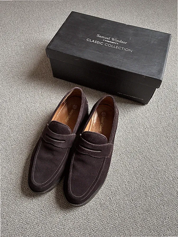 Samuel Windsor dunkelbraune Wildleder Penny Loafer formelle Schuhe klassisch UK 9,5