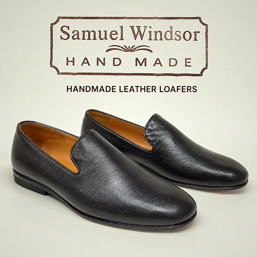 Samuel Windsor Herren Schwarz Leder Halbschuhe Slipper Schuhe Neu ohne Karton Handarbeit + Tasche UK 7