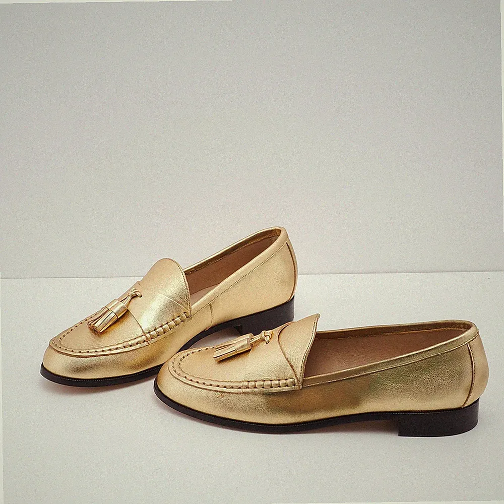 Sandro Slipper Gold Gr. 39 Damen Leder Quasten Loafer Halbschuhe