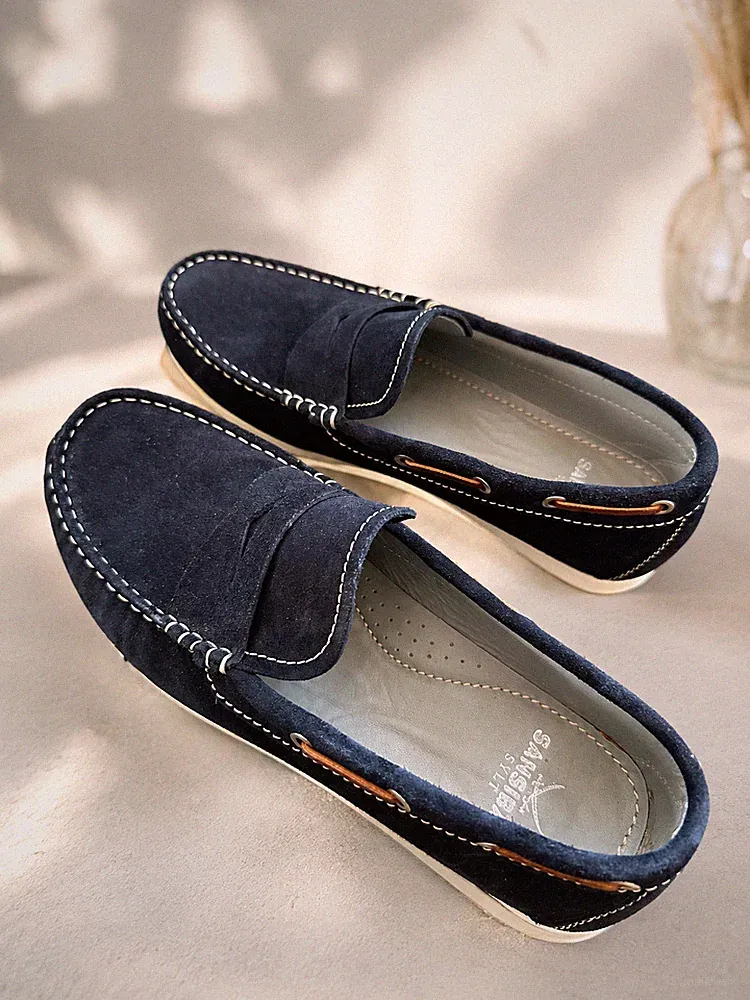 Sansibar Sylt Mokassins Loafer Echtleder Veloursleder Dunkelblau Gr. 43 Old neu