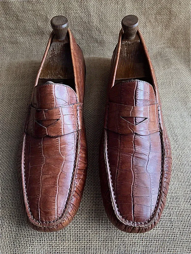 Santoni braune Alligator geprägte Leder Slipper Driver Halbschuhe UK 9 || US 10