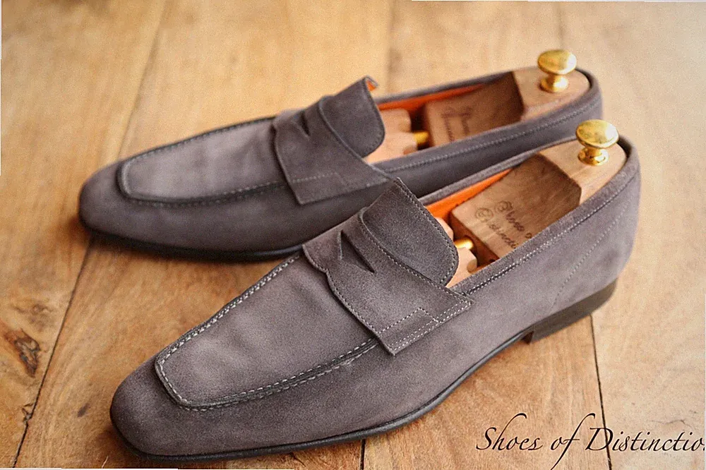 Santoni brüniertes graues Wildleder Penny Halbschuhe Schuhe Herren UK 9,5...