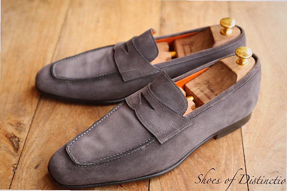 Santoni brüniertes graues Wildleder Penny Halbschuhe Schuhe Herren UK 9,5 US...