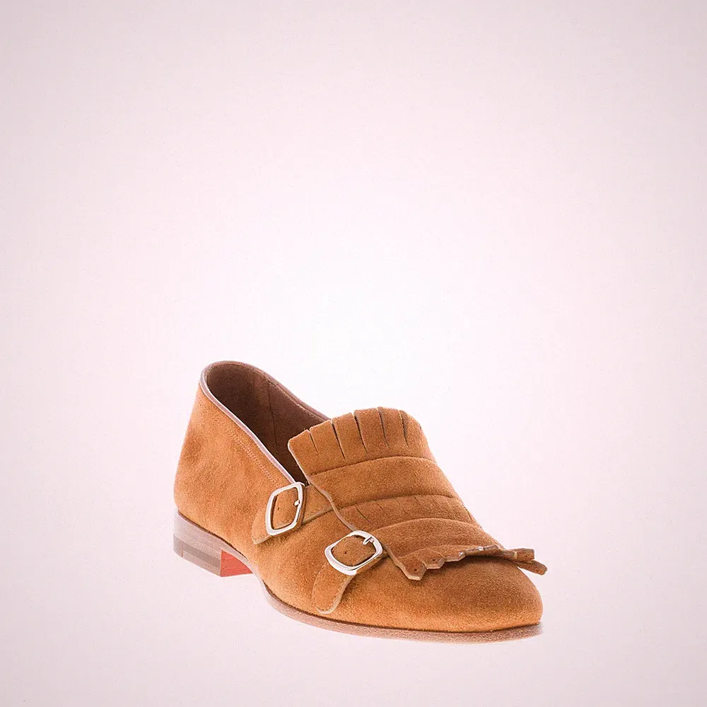 SANTONI Damenschuhe Halbschuh Wildleder braun gebrannt mit Fransen und Schnalle