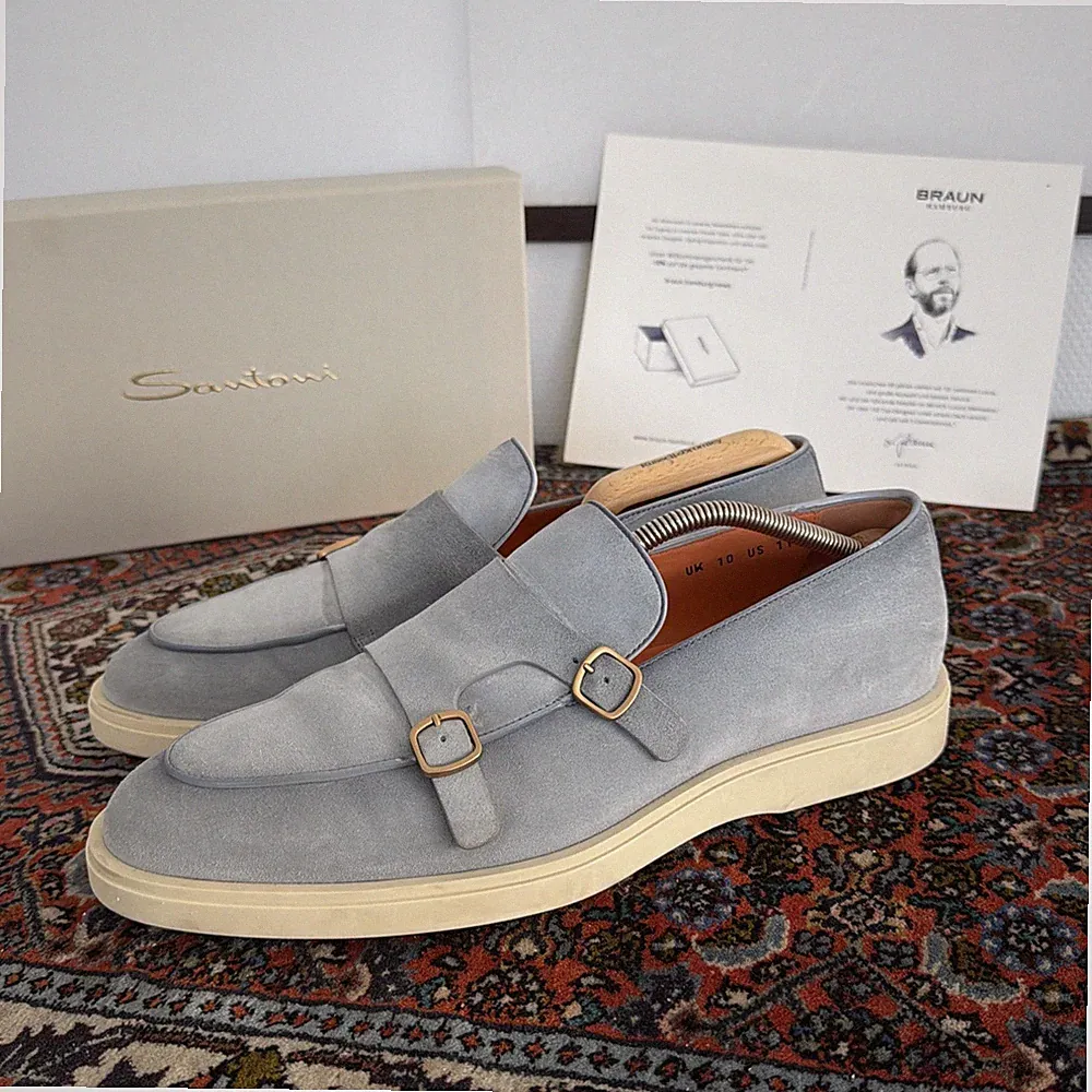 Santoni Halbschuhe Double Monk Schuhe Hellblau Loafers Veloursleder 10UK/45EU