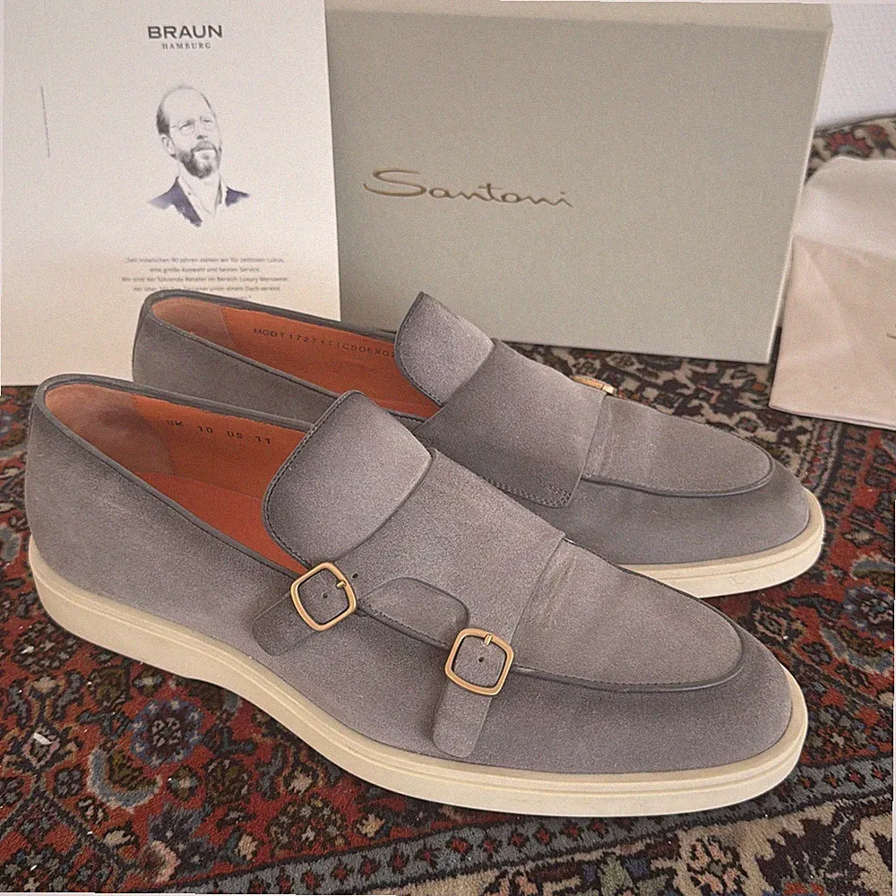 Santoni Halbschuhe Double Monk Schuhe Hellgrau Loafers Veloursleder 10UK/45EU