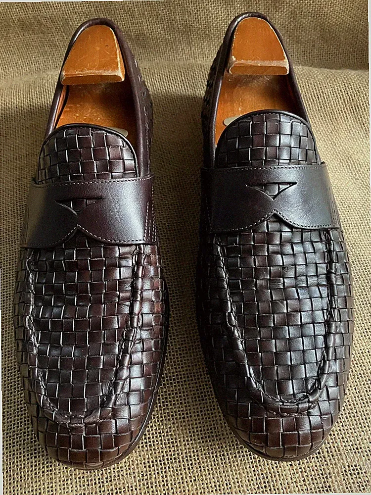 Santoni Herren Braun Gewebt Leder Slipper Penny Halbschuhe Größe UK 6 F || US 7