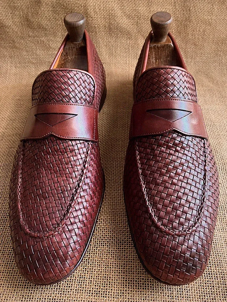 Santoni Herren Braun Gewebt Leder Slipper Penny Halbschuhe Größe UK 9 F || US 10