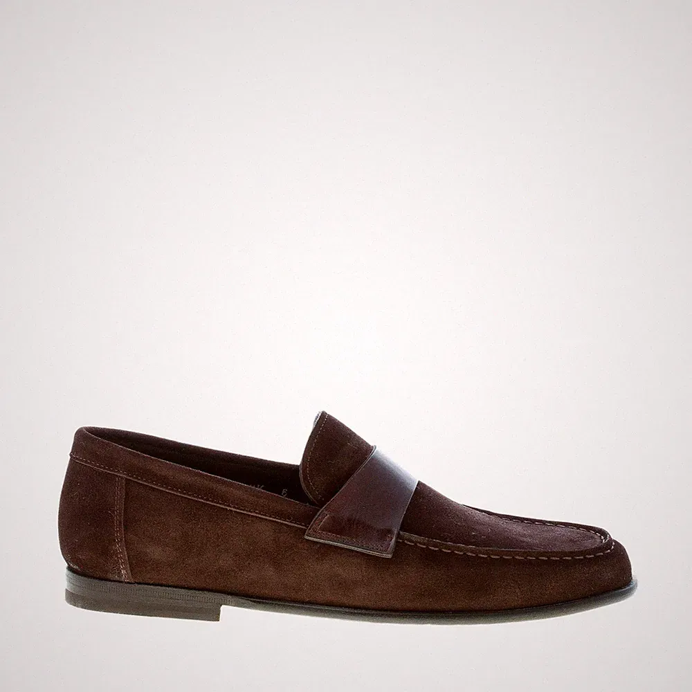 SANTONI herren schuhe braun suede apron toe loafer mit strap made in Italy