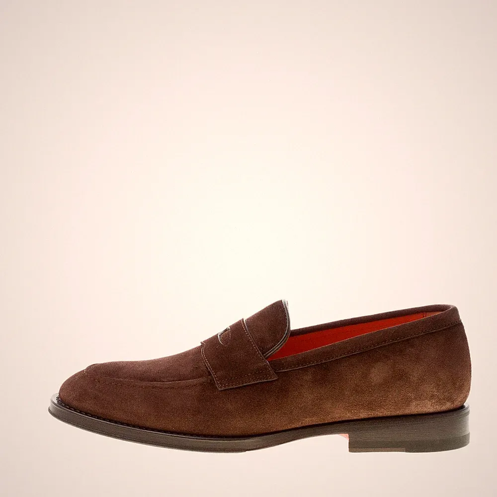SANTONI herren schuhe dunkelbraun suede loafer mit klassisch penny bar