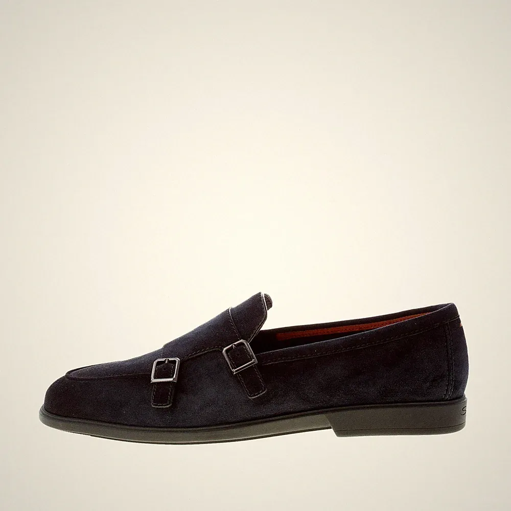SANTONI herren schuhe Dunkelblau feines Veloursleder Monkstrap Loafer