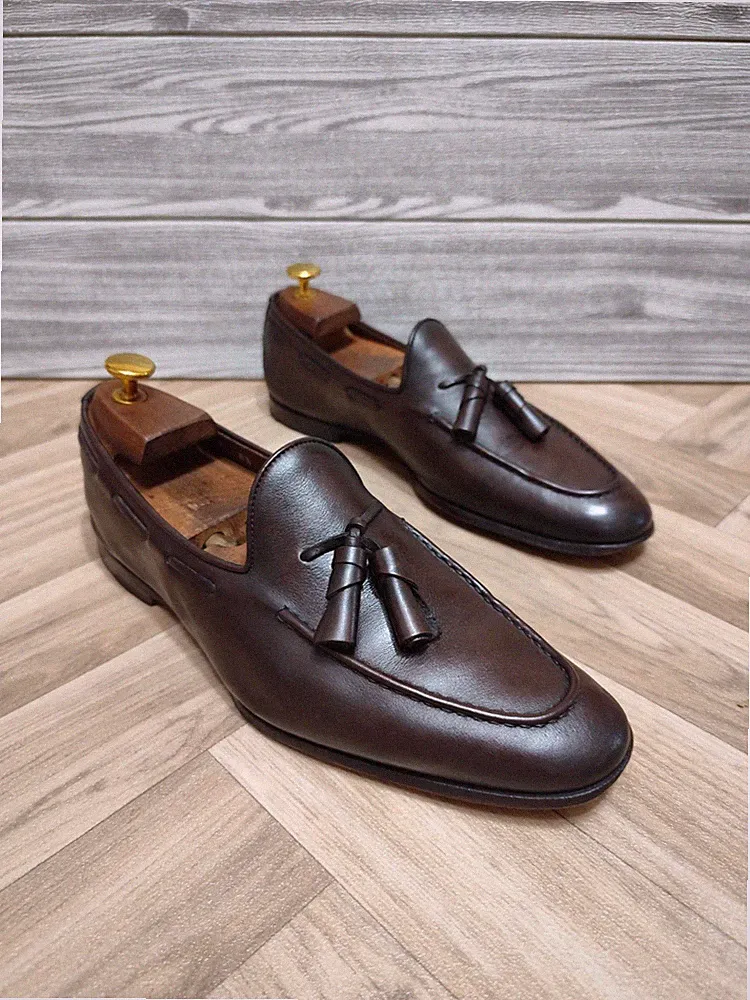 SANTONI LOAFER LOAFERS QUASTE LEDER BRAUN UK 6,5 F - TOP ZUSTAND