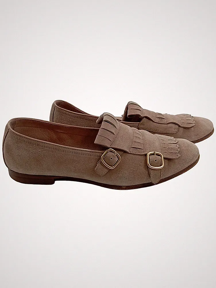 Santoni Loafer Mokassins Fransen Schnalle Beige Gr. 38.5