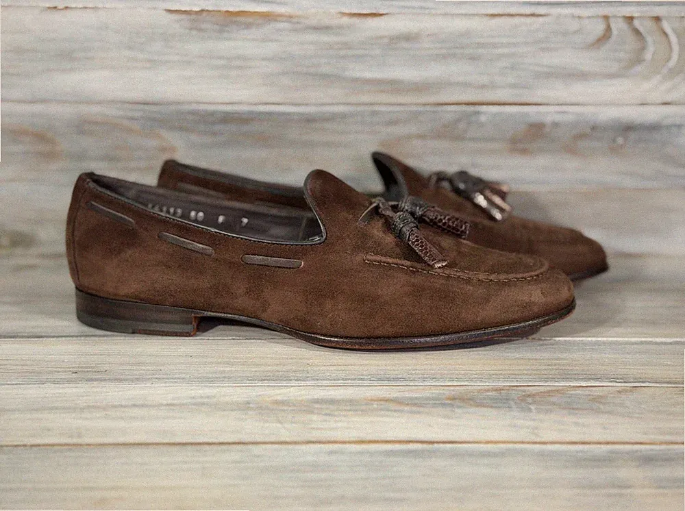 SANTONI Tassel Loafers Herren Wildleder Schuhe Braun Hergestellt in Italien L...