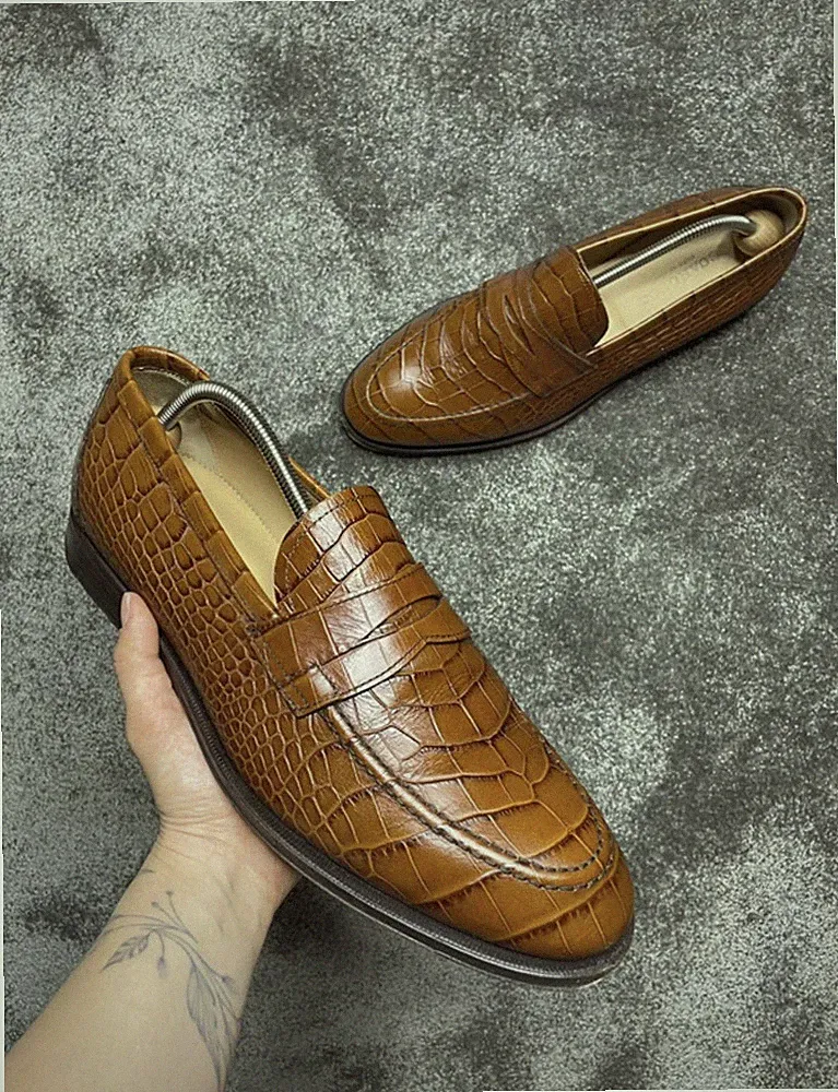 Scarosso Leather Loafers Cognac CrocoPenny Shoes EU 45 Made in Italy