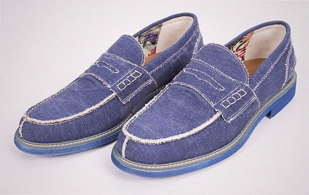 SCHUH ELEVEN 11 HANDGEFERTIGT AUS BLAUEM CANVAS MADE IN ITALY MOKASSIN GUMMISOHLE