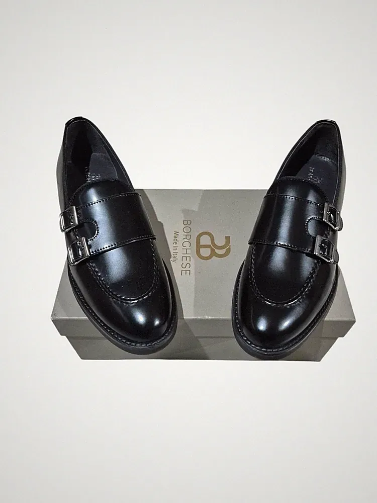 Schuhe BORGHESE Herren Halbschuhe Doppelschnalle Leder schwarz Monk Strap Made in Italy