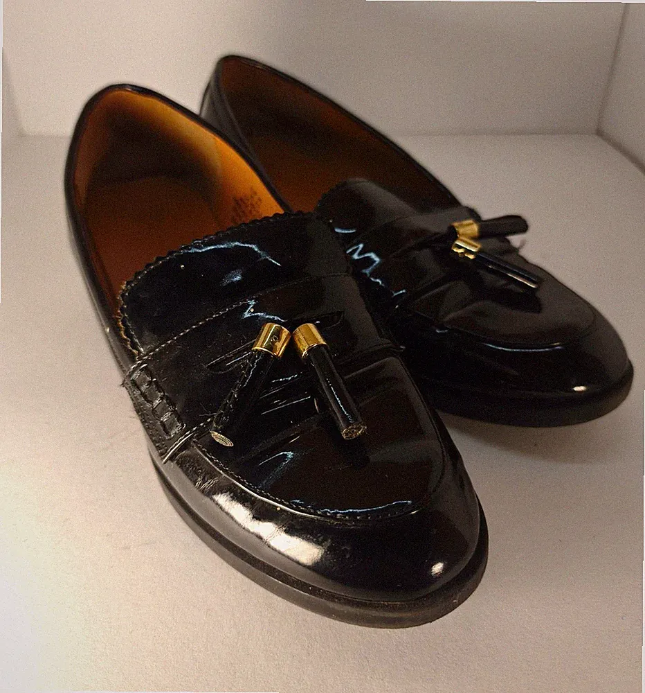 Schwarze Damen Lackleder Loafer Slipper mit Quasten, Rundspitze, Schlupf EU 40
