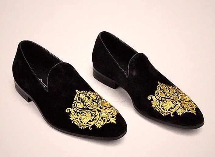 Schwarze Herren Samt Halbschuhe Bestickt Slipper Schuhe Freizeit-UK-8-9-10-11-12-13-14