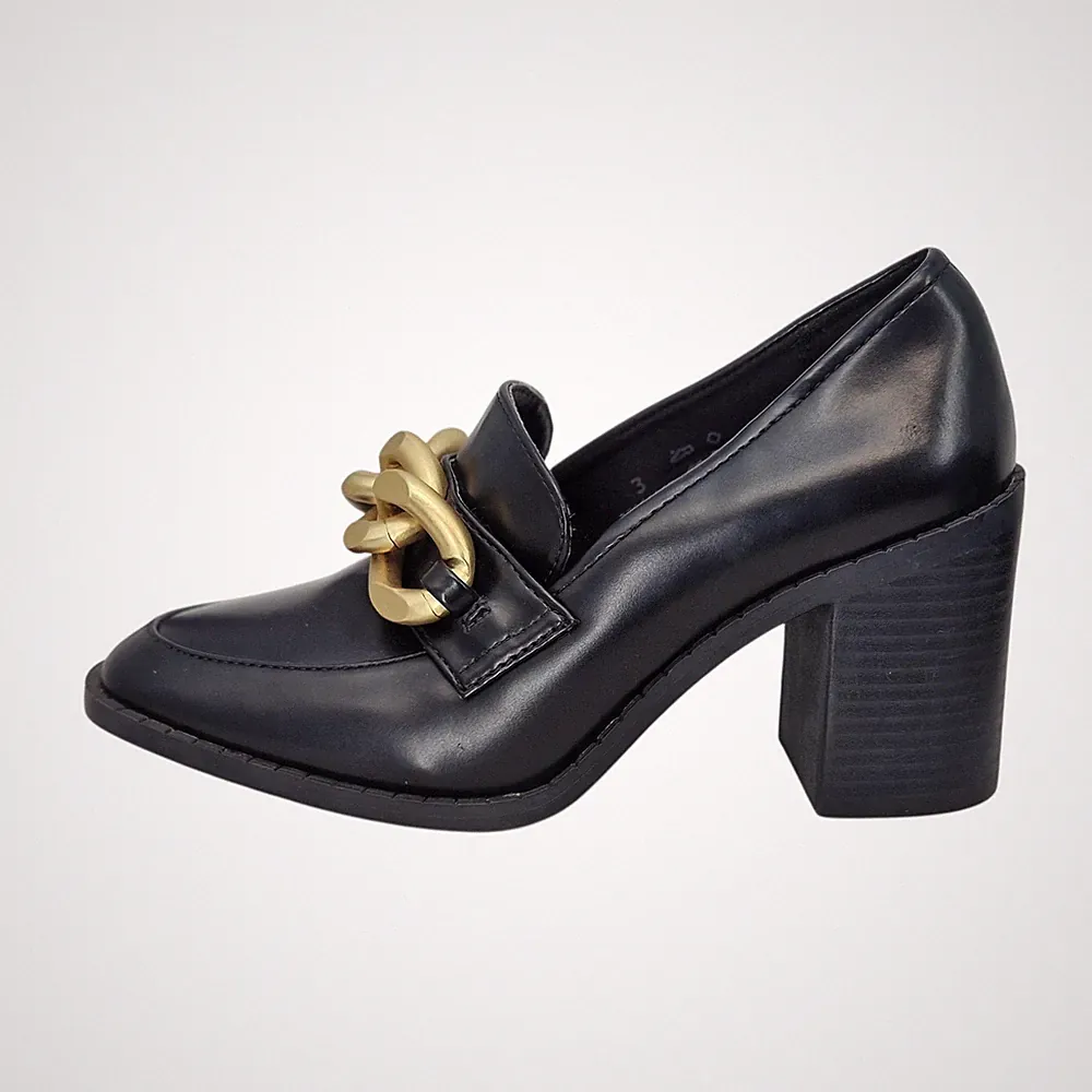 Schwarze klobige Plateau-Damenhalbschuhe mit goldenen Kettengliedern UVP 45,00 £ UK-Größe 3 von M&S