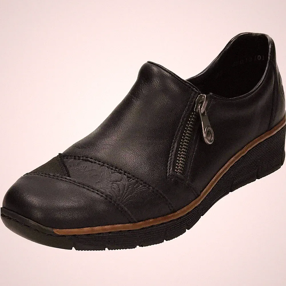 Schwarze Lederschuhe 53761-00 Reißverschluss gepolstert Komfort Halbschuh