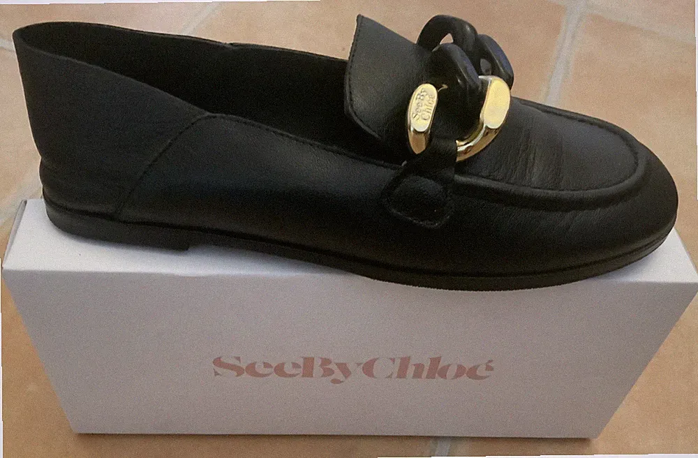 See by Chloé Loafer Leder-Slipper "MONYKA" 41 Schwarz Kettendetail Gold wie NEU