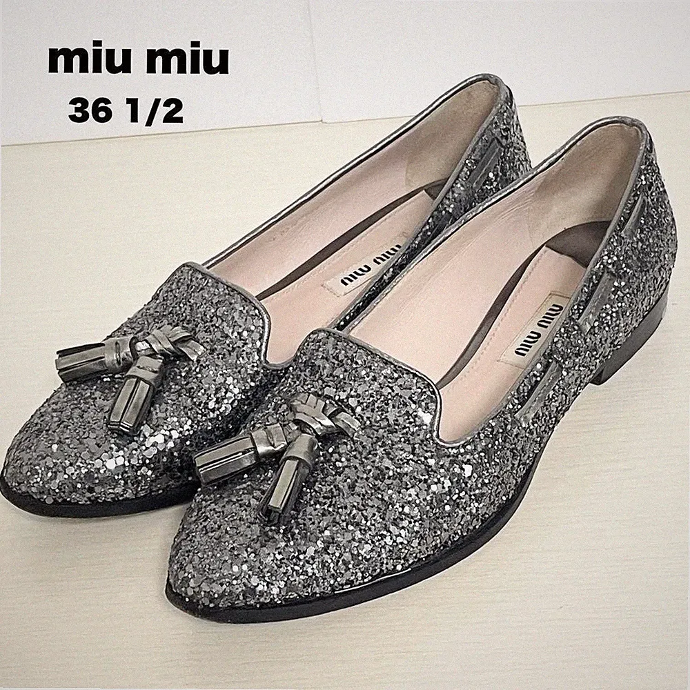 Seltene Miu Miu Tassel Loafer Glitzer Silber Flach Größe 36,5 US 6,5