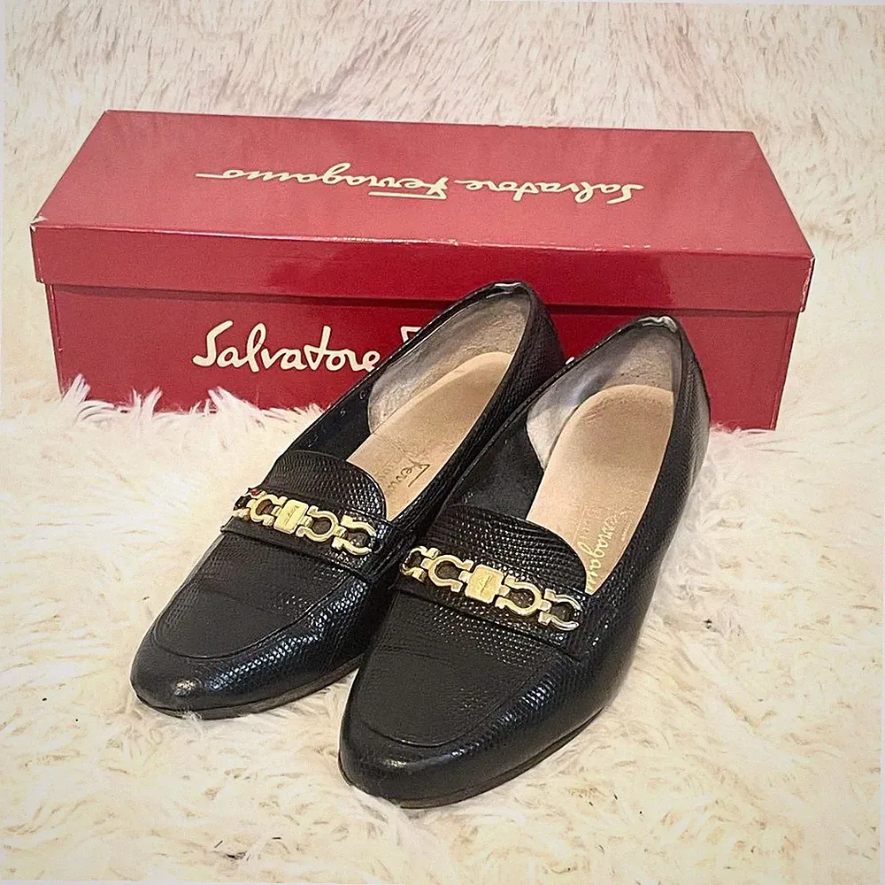 Seltene Salvatore Ferragamo Gancini schwarze Leder-Loafer-Pumps Damengröße 5C