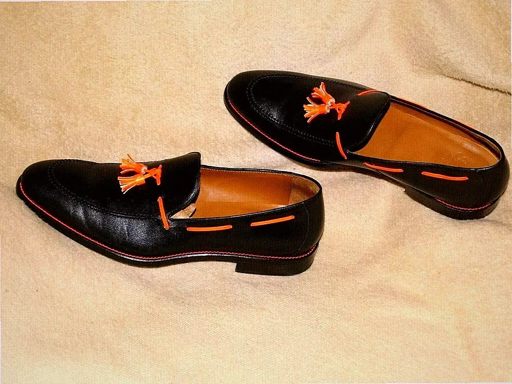 SERFAN Loafer Herren Glattleder Schuhe Halbschuhe Mokassin Gr 45 Schwarz Orange