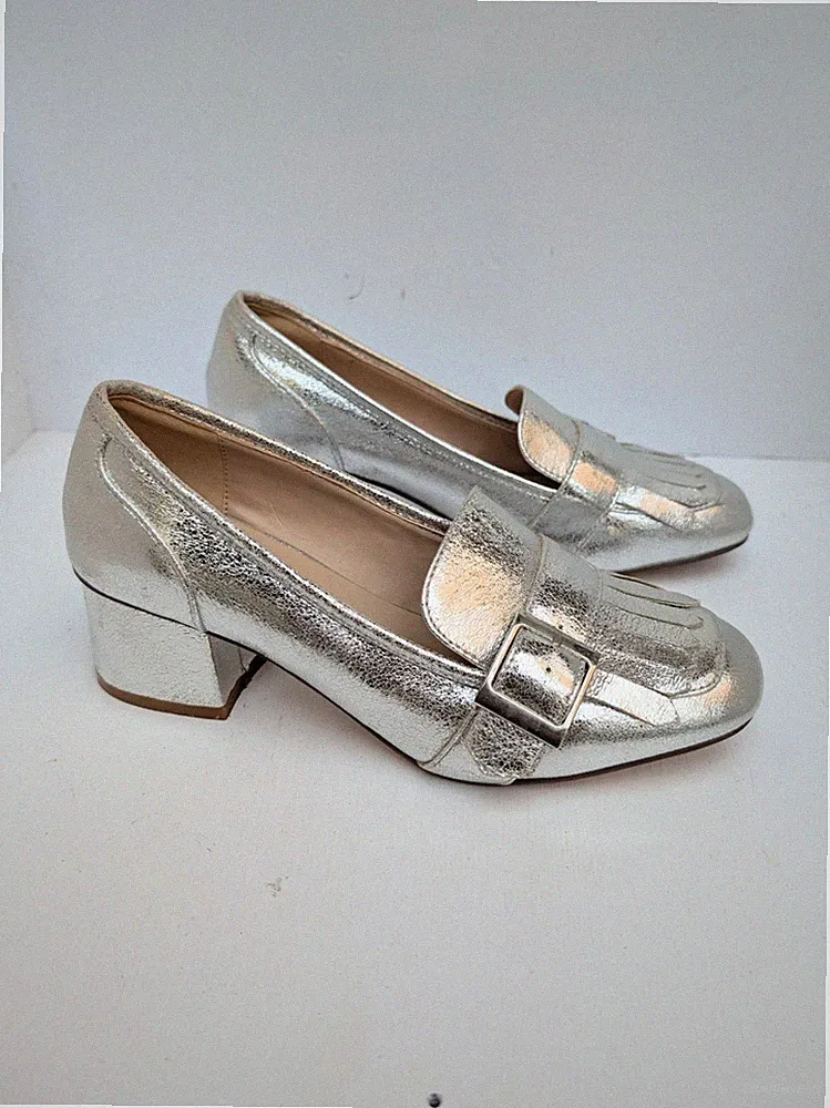 Silber Halbschuhe Low Heels Pumps Nr. 37 Echtleder Loafers Silver Heels