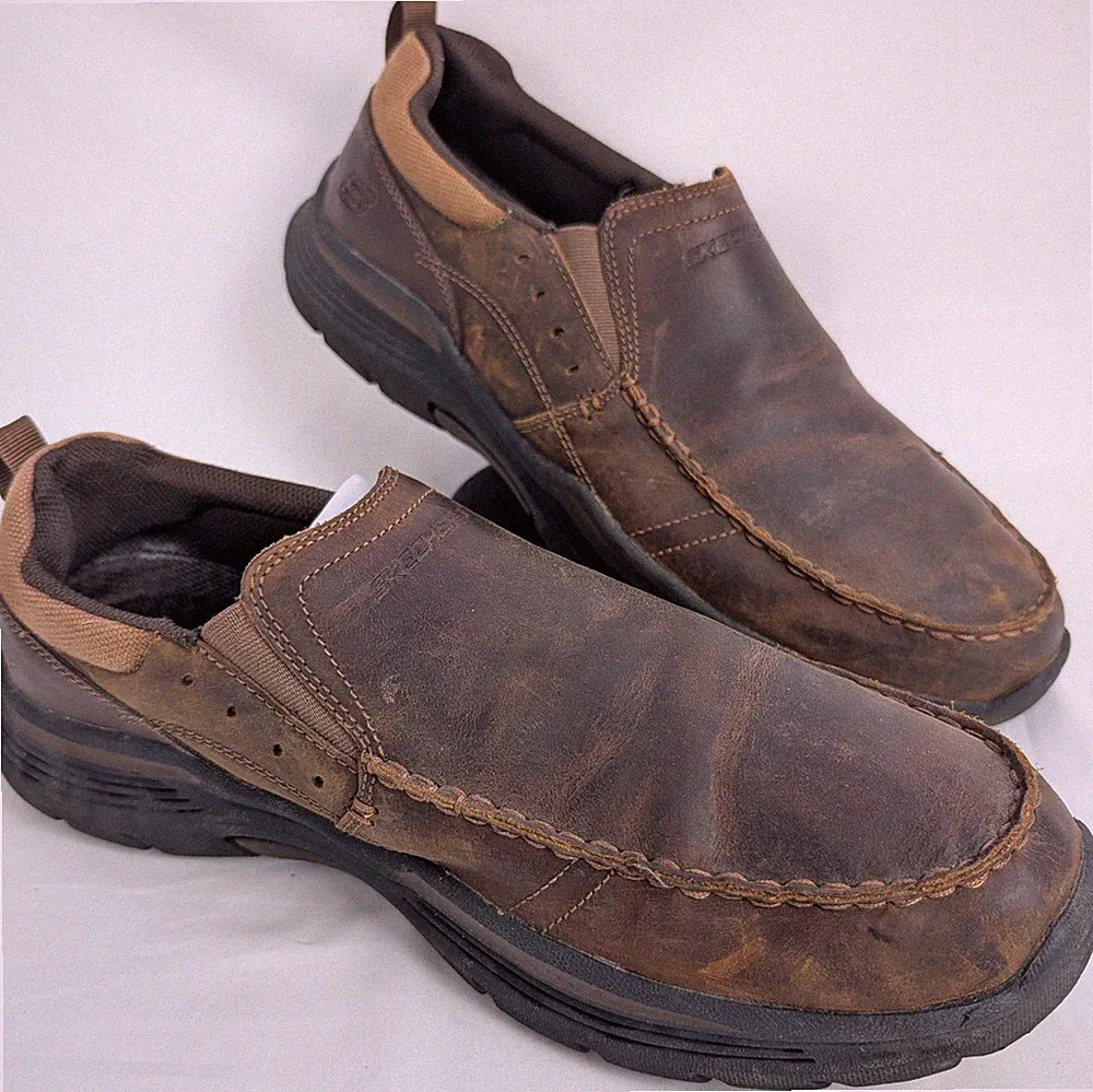 Skechers Schuhe Herren UK 11 Braun Leder Slipper Smart Freizeit Memory Foam Halbschuh