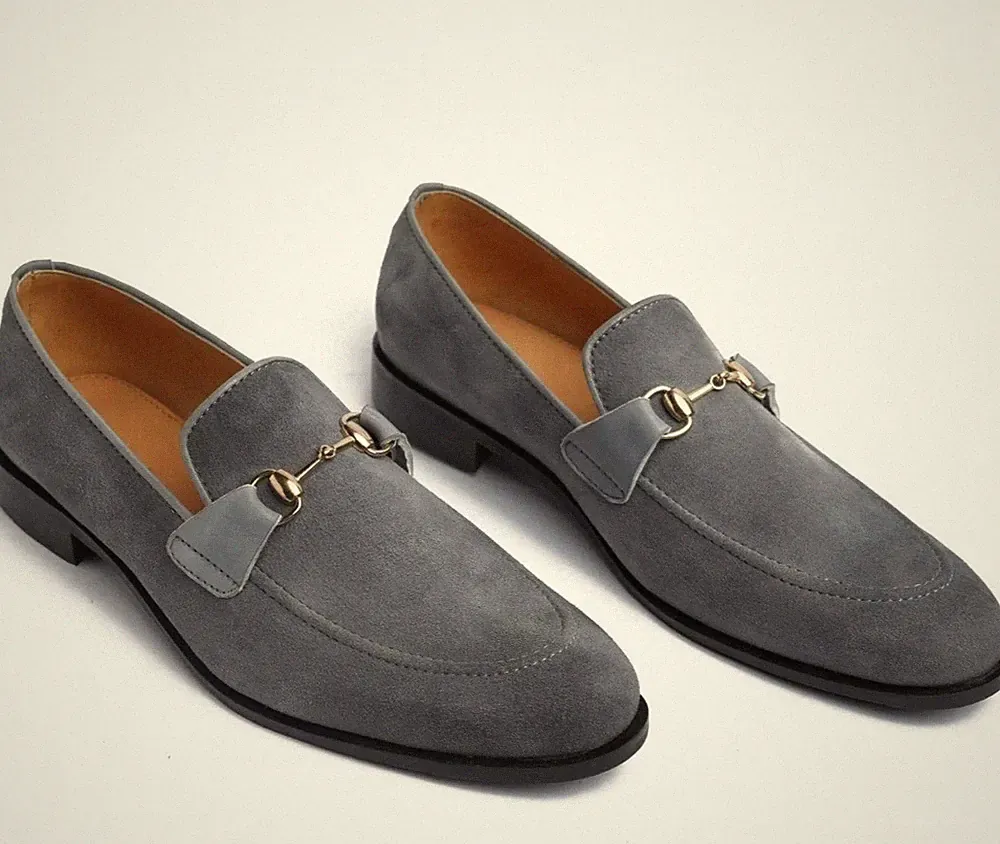 Solento handgefertigte graue Wildleder-Mokassins reines Kalbsleder Luxus Halbschuhe Herren UK