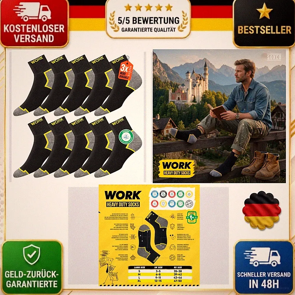 SOXCO 10 Paar Herren Arbeitssocken kurz schwarz gepolstert 39-42