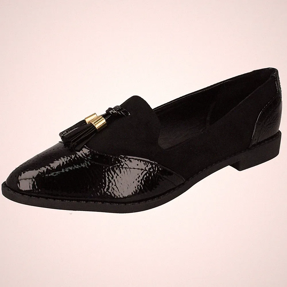 Spot On Damen Slip On Loafer Lack-Optik Brogues Schwarz