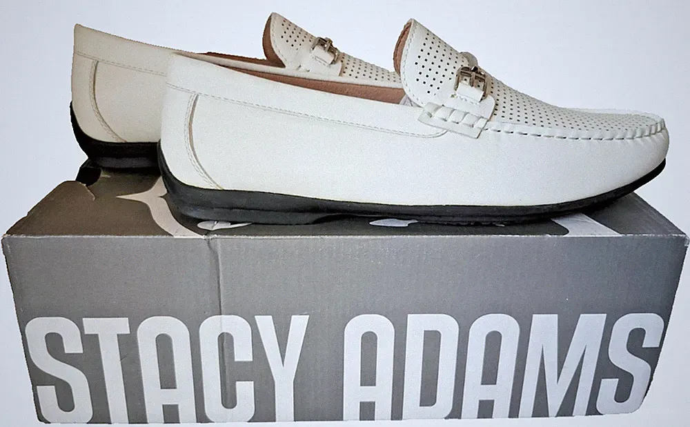 Stacy Adams Mens 8 M Medium Corley Moc Toe Bit Slip On White 25579-100 NEW