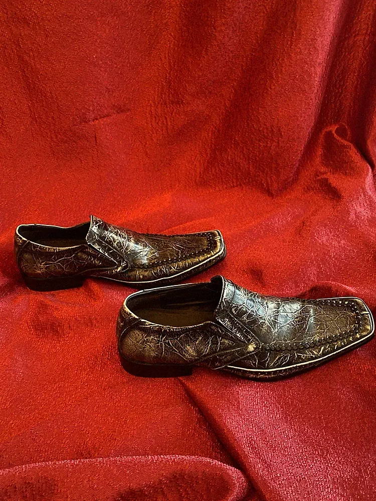 STACY ADAMS Thick Stitch Sq. Toe Slip On Loafer Black Marble Leather Sz 7.5 VTG