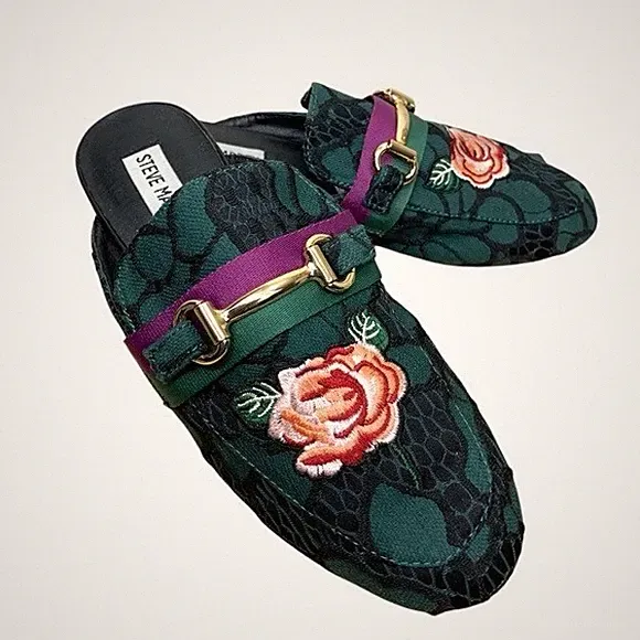 Steve Madden Kandi Green Floral Embroidered Mules Sz 7 Slip on Loafers