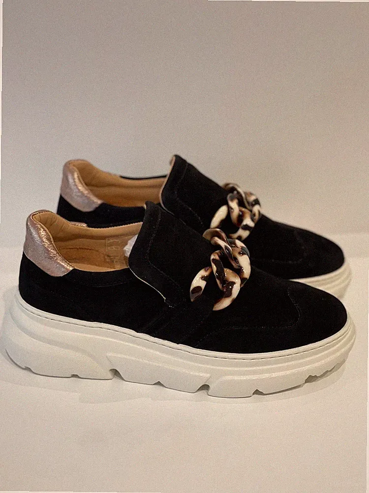 Stokton Damen Sneaker Halbschuh Wolle Wildleder Zypern schwarz mit fleckiger Kette