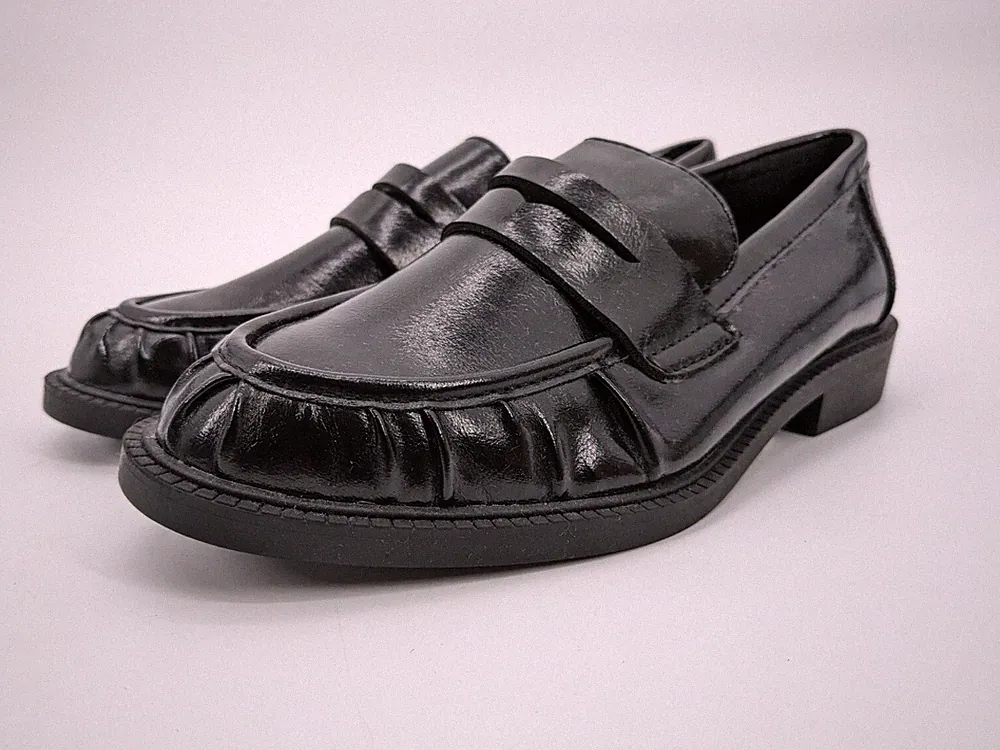 Stradivarius schwarze Slipper Penny Frontschürze Zehenhalbschuhe Größe UK 3